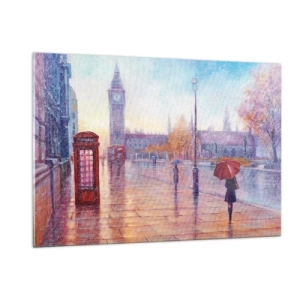 Cuadro sobre vidrio - Impresiones sobre Vidrio - Escena londinense bajo la lluvia con el Big Ben y la caja roja - 120x80cm - Un día de otoño en Londres - Decoración de pared moderna para salón y dormitorio ARTTOR