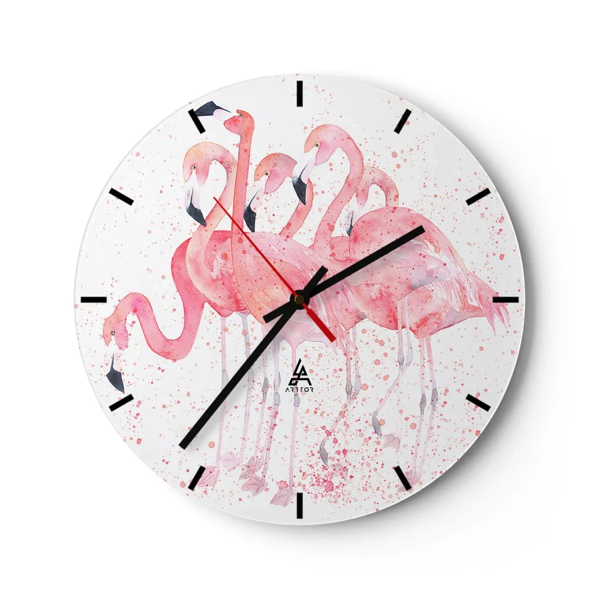 Reloj de pared - Reloj de vidrio - Un grupo de flamencos rosados en un estilo artístico de acuarela. - 30x30cm - Asamblea rosa - Decoración de pared moderna para salón, cocina y dormitorio ARTTOR