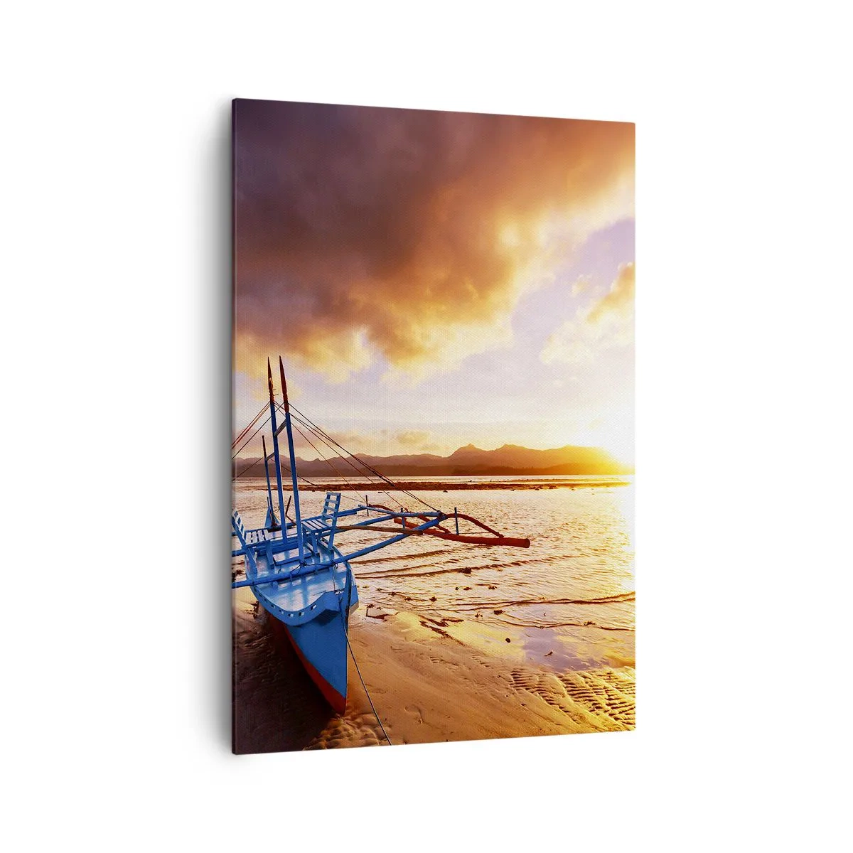 Cuadro sobre lienzo - Impresión de Imagen - Barco azul en la playa al atardecer - 70x100cm - Después de un largo día, relájate en la arena - Decoración de pared moderna para salón y dormitorio ARTTOR