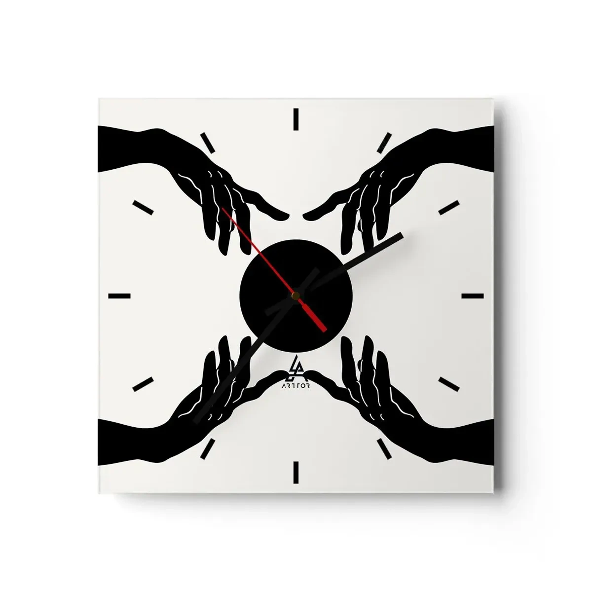 Reloj de pared - Reloj de vidrio - Manos negras en una composición simétrica con una pelota. - 30x30cm - Una señal secreta - Decoración de pared moderna para salón y dormitorio ARTTOR