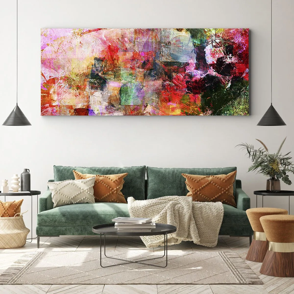 Cuadro sobre lienzo - Impresión de Imagen - Una composición abstracta con tonos dominantes de rosa y rojo. - 160x50cm - Un viaje a través del rosa - Decoración de pared moderna para salón y dormitorio ARTTOR