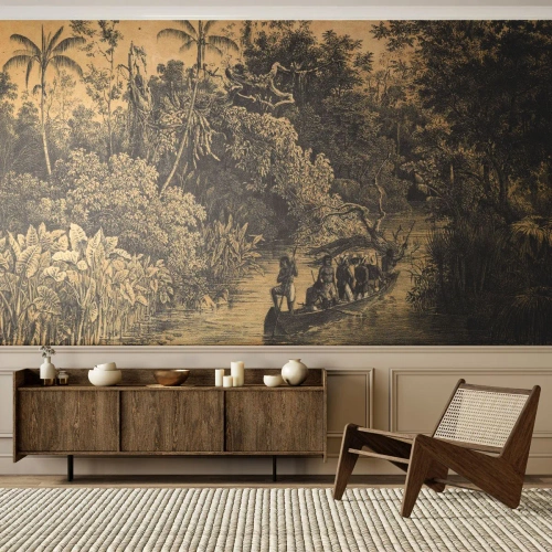 Fotomural Premium Canvas - Dibujo de una jungla con un barco en un río. - 100x70cm - Expedición a la fuente - Decoración de pared moderna para salón y dormitorio ARTTOR