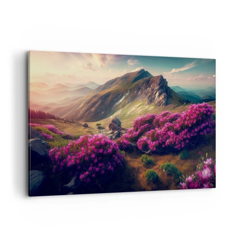 Cuadro sobre lienzo - Impresión de Imagen - Paisaje de montaña con rododendros en flor - 120x80cm - Verano en las montañas - Decoración de pared moderna para salón y dormitorio ARTTOR