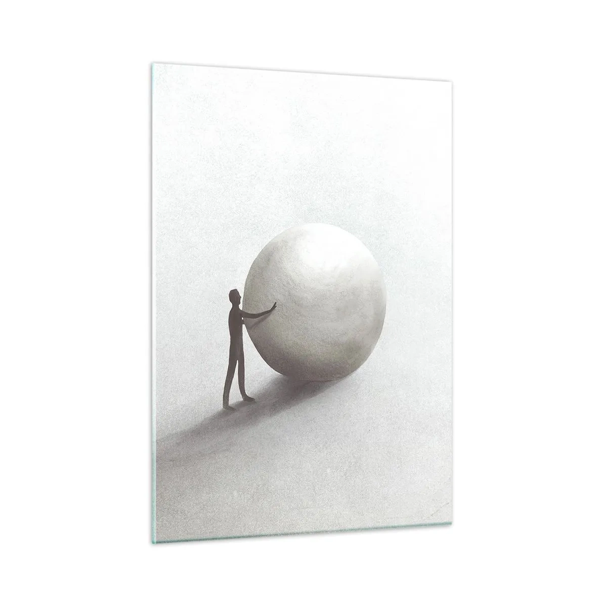 Cuadro sobre vidrio - Impresiones sobre Vidrio - Una silueta minimalista de un hombre con una pelota grande sobre un fondo claro. - 50x70cm - El juego de la vida - Decoración de pared moderna para salón y dormitorio ARTTOR