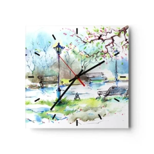 Reloj de pared - Reloj de vidrio - Escena de parque de acuarela con bancos y lámparas. - 30x30cm - El encanto del silencio del parque - Decoración de pared moderna para salón y dormitorio ARTTOR