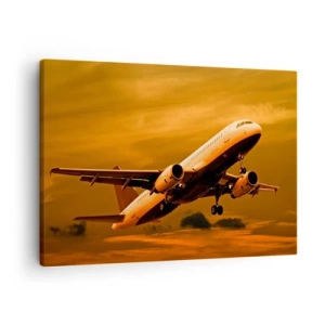 Cuadro sobre lienzo - Impresión de Imagen - Un avión de pasajeros despegando contra un cielo dorado al atardecer. - 70x50cm - Vuelo hacia el sol - Decoración de pared moderna para salón y dormitorio ARTTOR