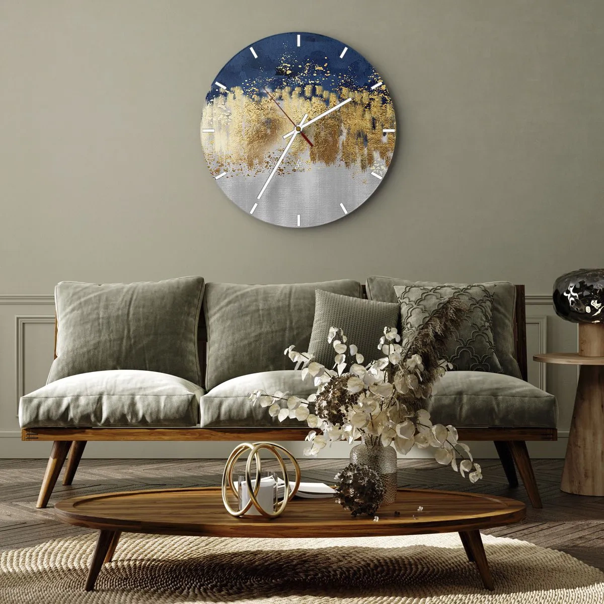 Reloj de pared - Reloj de vidrio - Reflejos dorados y fondo azul plateado en estilo abstracto. - 30x30cm - Composición moderna con chispas - Decoración de pared moderna para salón, cocina y dormitorio ARTTOR