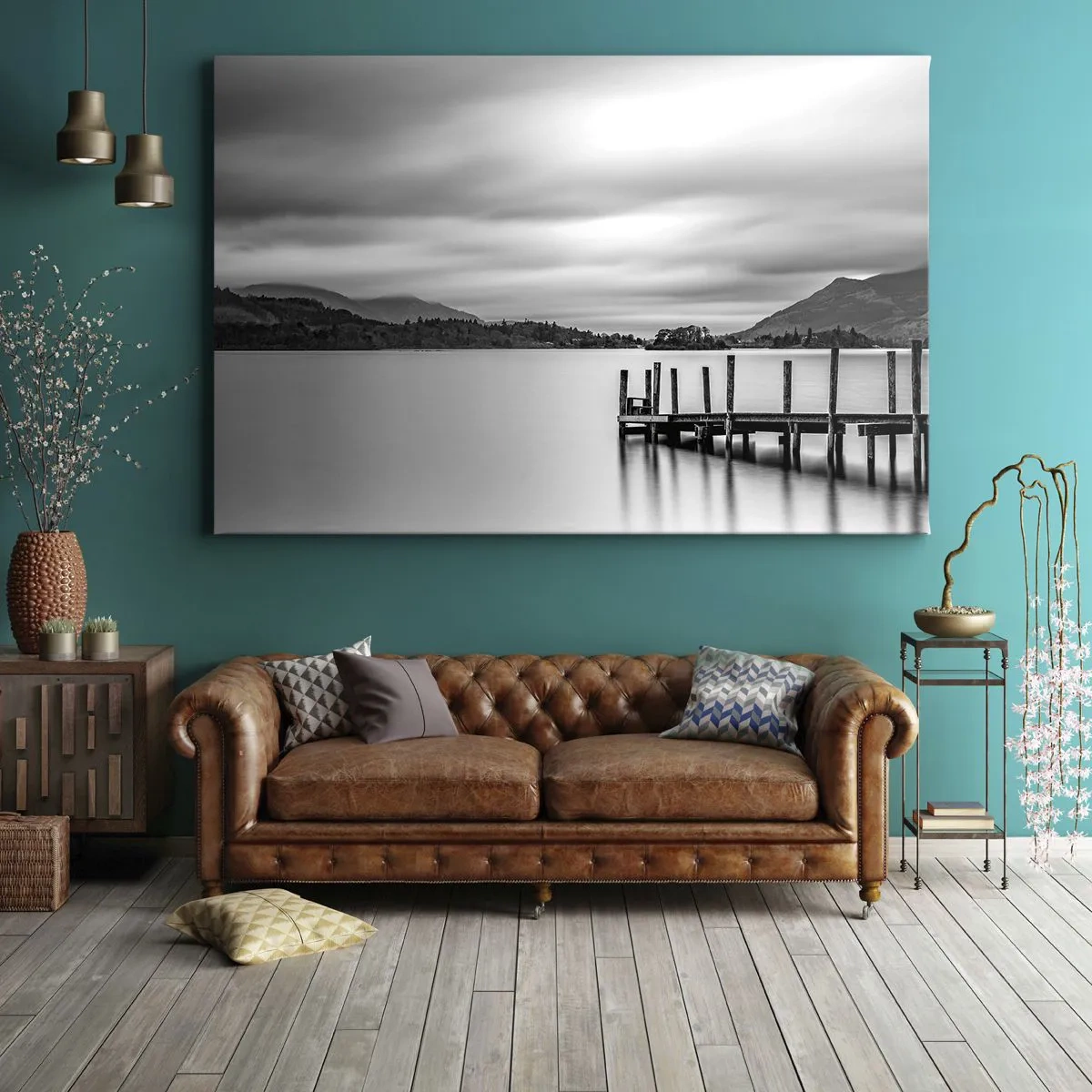 Cuadro sobre lienzo - Impresión de Imagen - Paisaje en blanco y negro con un muelle sobre un lago. - 70x50cm - Dulzura y la fuerza - Decoración de pared moderna para salón y dormitorio ARTTOR