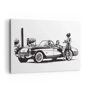 Cuadro sobre lienzo - Impresión de Imagen - Una escena retro en blanco y negro con un coche y una camarera en patines. - 100x70cm - Años 60 - la América despreocupada - Decoración de pared moderna para salón y dormitorio ARTTOR