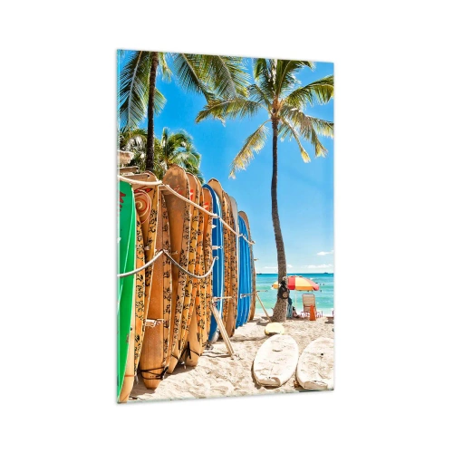 Cuadro sobre vidrio - Impresiones sobre Vidrio - Tablas de surf en una playa con palmeras - 70x100cm - Diversión soleada - Decoración de pared moderna para salón y dormitorio ARTTOR