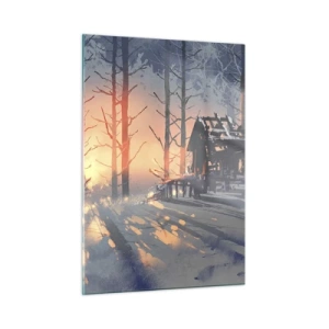 Cuadro sobre vidrio - Impresiones sobre Vidrio - Bosque invernal al atardecer con una cabaña al fondo - 50x70cm - Solo el sol es testigo - Decoración de pared moderna para salón y dormitorio ARTTOR