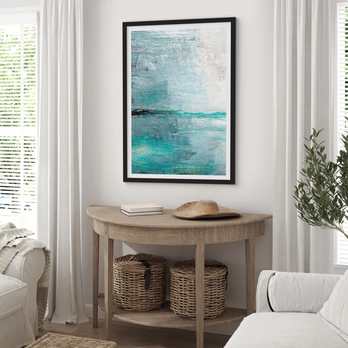 Póster en marco negro - Paisaje abstracto en tonos azules y grises. - 50x70cm - Horizontalmente sobre el azul - Decoración de pared moderna para salón y dormitorio ARTTOR