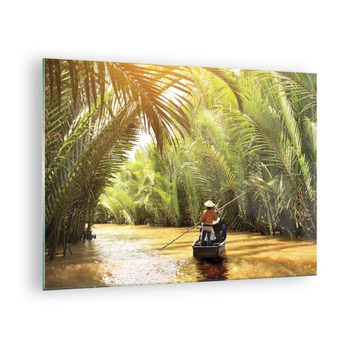 Cuadro sobre vidrio - Impresiones sobre Vidrio - Un barco con un hombre remando navega a través de un desfiladero bordeado de palmeras. - 70x50cm - En un túnel de palmeras - Decoración de pared moderna para salón y dormitorio ARTTOR