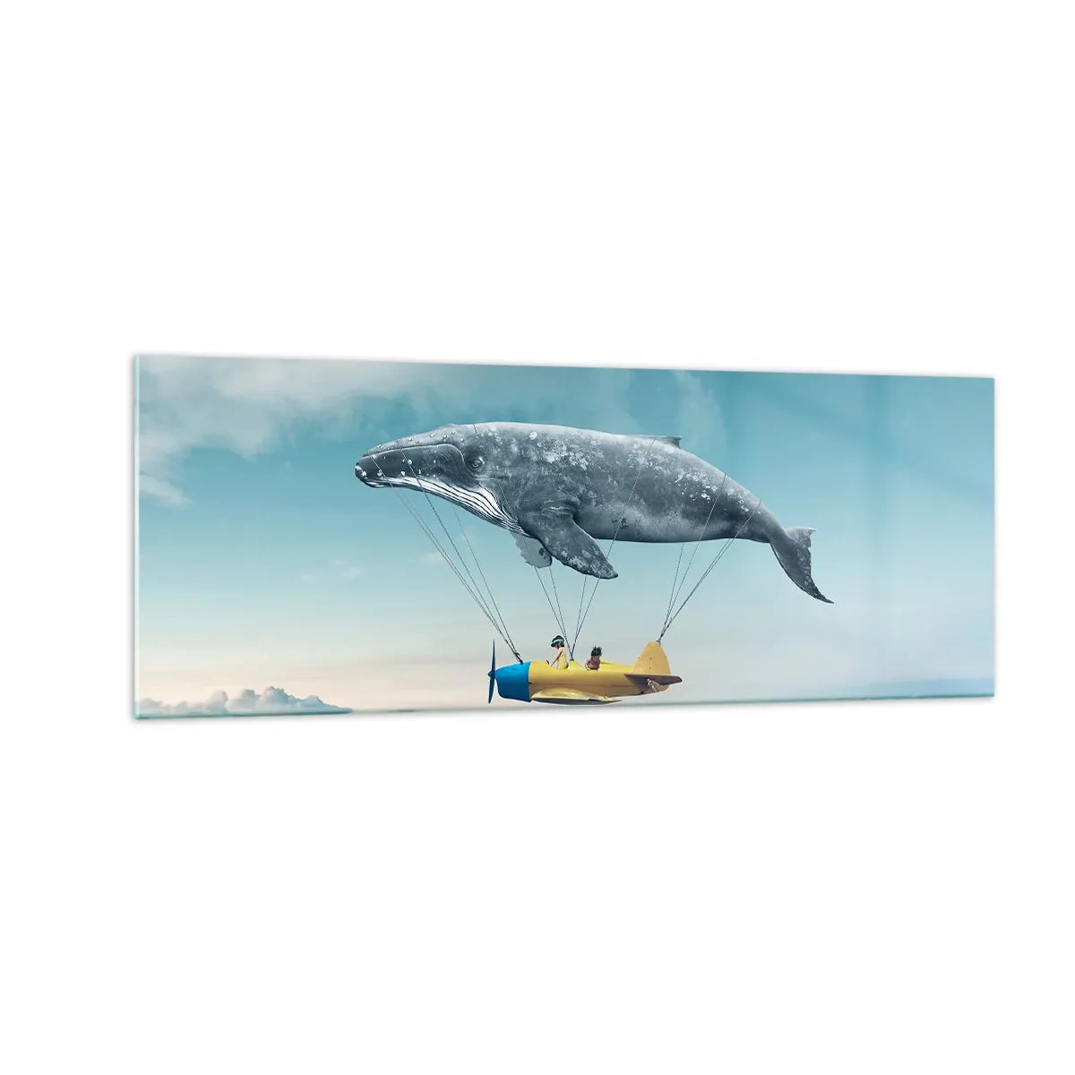 Cuadro sobre vidrio - Impresiones sobre Vidrio - Una ballena voladora transporta un avión en un entorno surrealista. - 140x50cm - ¿Por qué no? - Decoración de pared moderna para salón y dormitorio ARTTOR