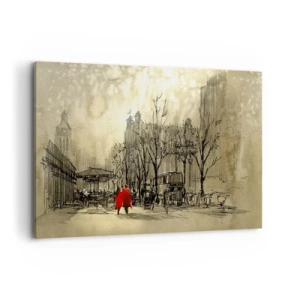 Cuadro sobre lienzo - Impresión de Imagen - Una figura roja en un entorno urbano nostálgico - 100x70cm - Cita en la niebla de Londres  - Decoración de pared moderna para salón y dormitorio ARTTOR