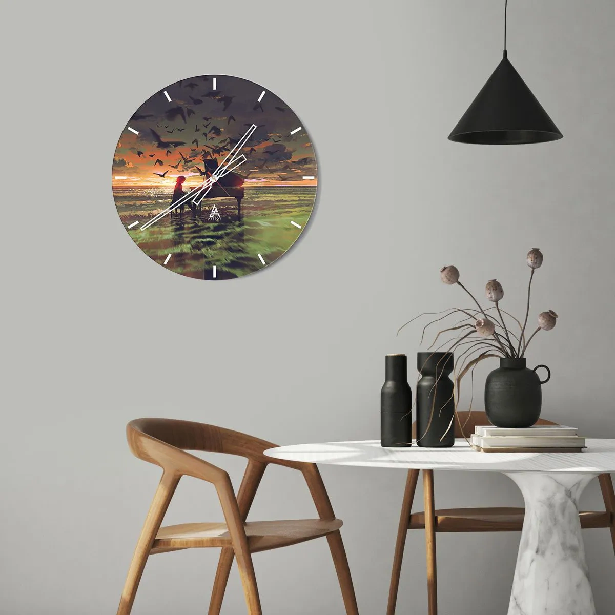 Reloj de pared - Reloj de vidrio - Concierto de piano y olas - 30x30 cm