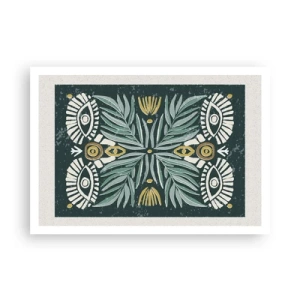 Póster - Patrón de planta simétrica sobre un fondo verde. - 100x70cm - Como un recorte folclórico - Decoración de pared moderna para salón y dormitorio ARTTOR