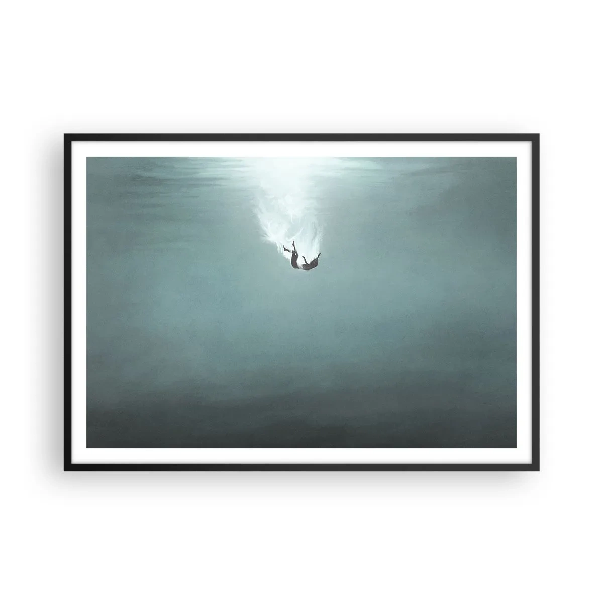 Póster en marco negro - Una figura sumergida en aguas turquesas profundas. - 100x70cm - En el abrazo del océano - Decoración de pared moderna para salón y dormitorio ARTTOR