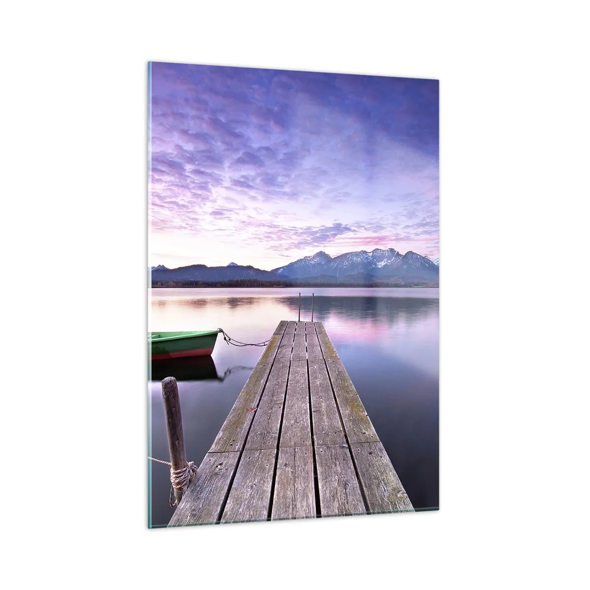 Cuadro sobre vidrio - Impresiones sobre Vidrio - Barco verde en un muelle con un fondo de montañas al amanecer - 50x70cm - Un silencio amistoso - Decoración de pared moderna para salón y dormitorio ARTTOR