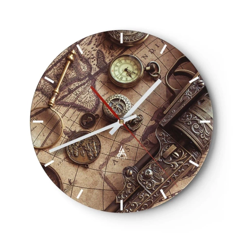 Reloj de pared - Reloj de vidrio - Un mapa estilizado con una brújula, monedas y armas ornamentadas. - 30x30cm - La aventura llama - Decoración de pared moderna para salón, cocina y dormitorio ARTTOR