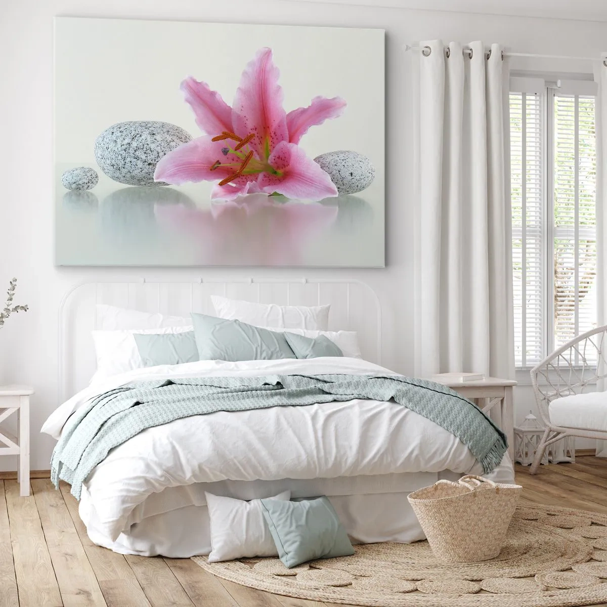 Cuadro sobre lienzo - Impresión de Imagen - Flor de lirio rosa con piedras sobre un fondo claro. - 70x50cm - Estudio en rosa, gris y blanco - Decoración de pared moderna para salón y dormitorio ARTTOR