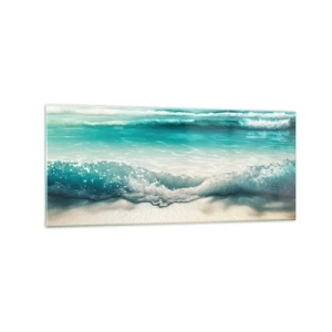 Cuadro sobre vidrio - Impresiones sobre Vidrio - Olas del océano en una playa de arena clara - 120x50cm - Calma oceánica - Decoración de pared moderna para salón y dormitorio ARTTOR