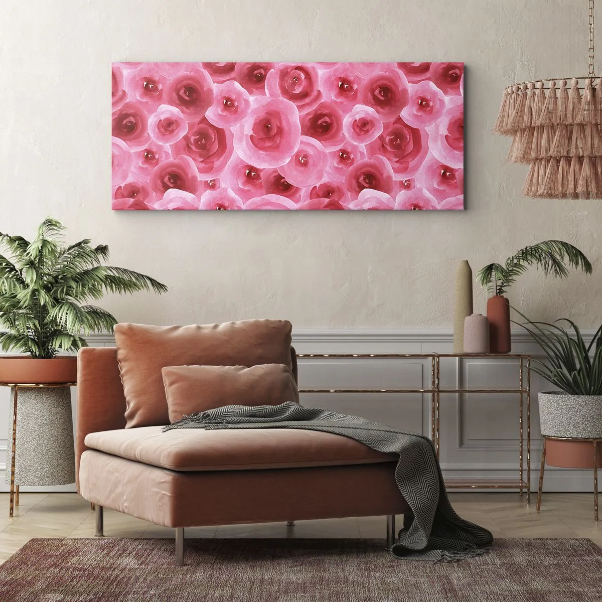 Cuadro sobre lienzo - Impresión de Imagen - Delicadas rosas en tonos pastel de rosa. - 160x50cm - Rosas abajo y arriba - Decoración de pared moderna para salón y dormitorio ARTTOR