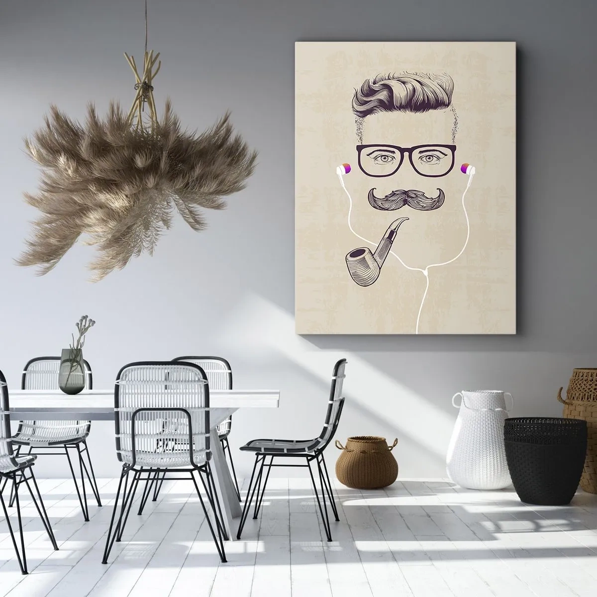 Cuadro sobre lienzo - Impresión de Imagen - Retrato retro de un hombre con pipa, auriculares y gafas. - 80x120cm - Moda masculina - Decoración de pared moderna para salón y dormitorio ARTTOR