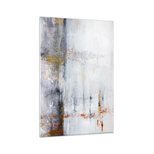 Cuadro sobre vidrio - Impresiones sobre Vidrio - Un paisaje abstracto con acentos borrosos de gris y dorado. - 70x100cm - Tras una cortina de aire - Decoración de pared moderna para salón y dormitorio ARTTOR