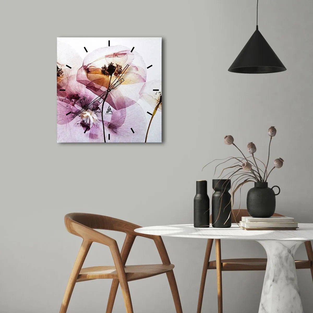 Reloj de pared - Reloj de vidrio - Delicadas flores transparentes en tonos pastel. - 30x30cm - Cuerpo de flor - Decoración de pared moderna para salón y dormitorio ARTTOR