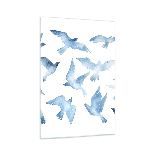 Cuadro sobre vidrio - Impresiones sobre Vidrio - Una acuarela sutil que representa pájaros voladores. - 70x100cm - Pájaros azules - Decoración de pared moderna para salón y dormitorio ARTTOR