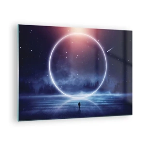 Cuadro sobre vidrio - Impresiones sobre Vidrio - Un círculo de luz sobre el lago entre el cielo nocturno y el bosque. - 70x50cm - Ya están aquí... - Decoración de pared moderna para salón y dormitorio ARTTOR