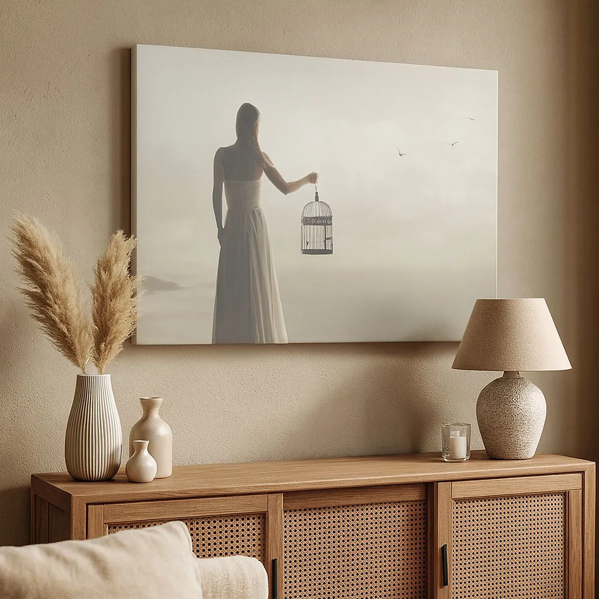 Cuadro sobre lienzo - Impresión de Imagen - Una mujer con una jaula contra un cielo en calma. - 70x50cm - Sé libre - Decoración de pared moderna para salón y dormitorio ARTTOR