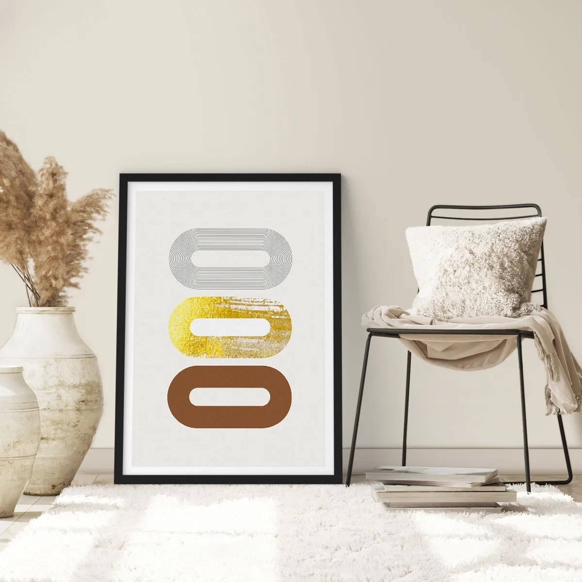 Póster en marco negro - Formas geométricas en tonos dorados, marrones y grises. - 50x70cm - ¡Ooo! - Decoración de pared moderna para salón y dormitorio ARTTOR