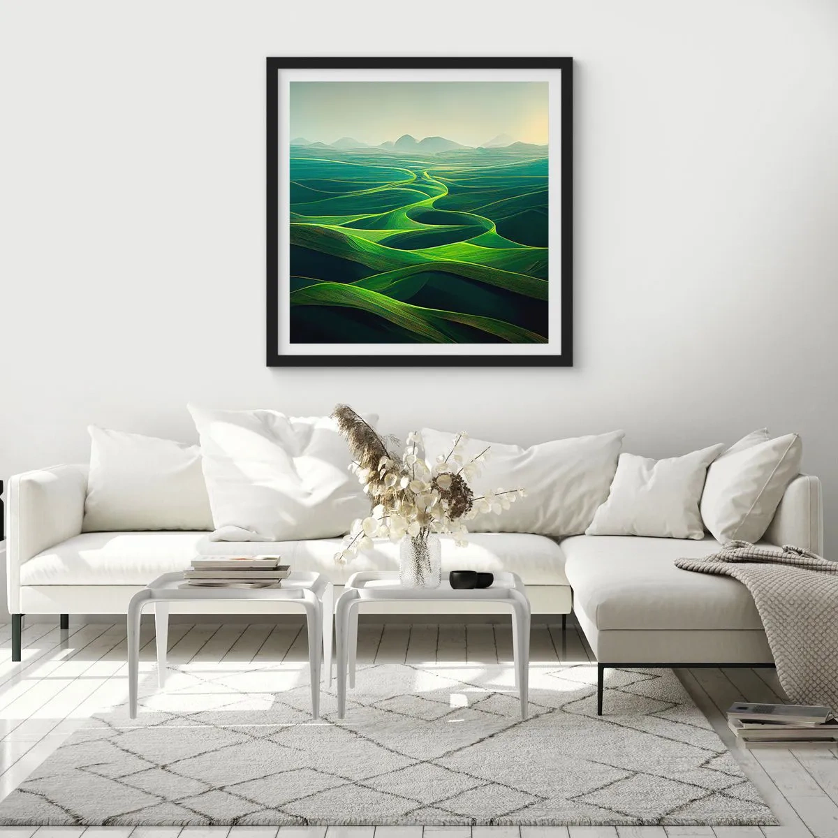 Póster en marco negro - Valles en tonos verdes - 30x30 cm