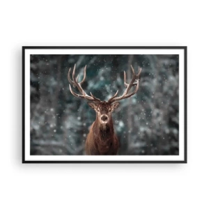 Póster en marco negro - Ciervos en un bosque invernal con nieve cayendo - 100x70cm - Coronado rey del bosque - Decoración de pared moderna para salón y dormitorio ARTTOR