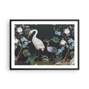Póster en marco negro - Pájaros y plantas pintados sobre un fondo oscuro con un patrón elegante. - 70x50cm - Desfile de aves - Decoración de pared moderna para salón y dormitorio ARTTOR