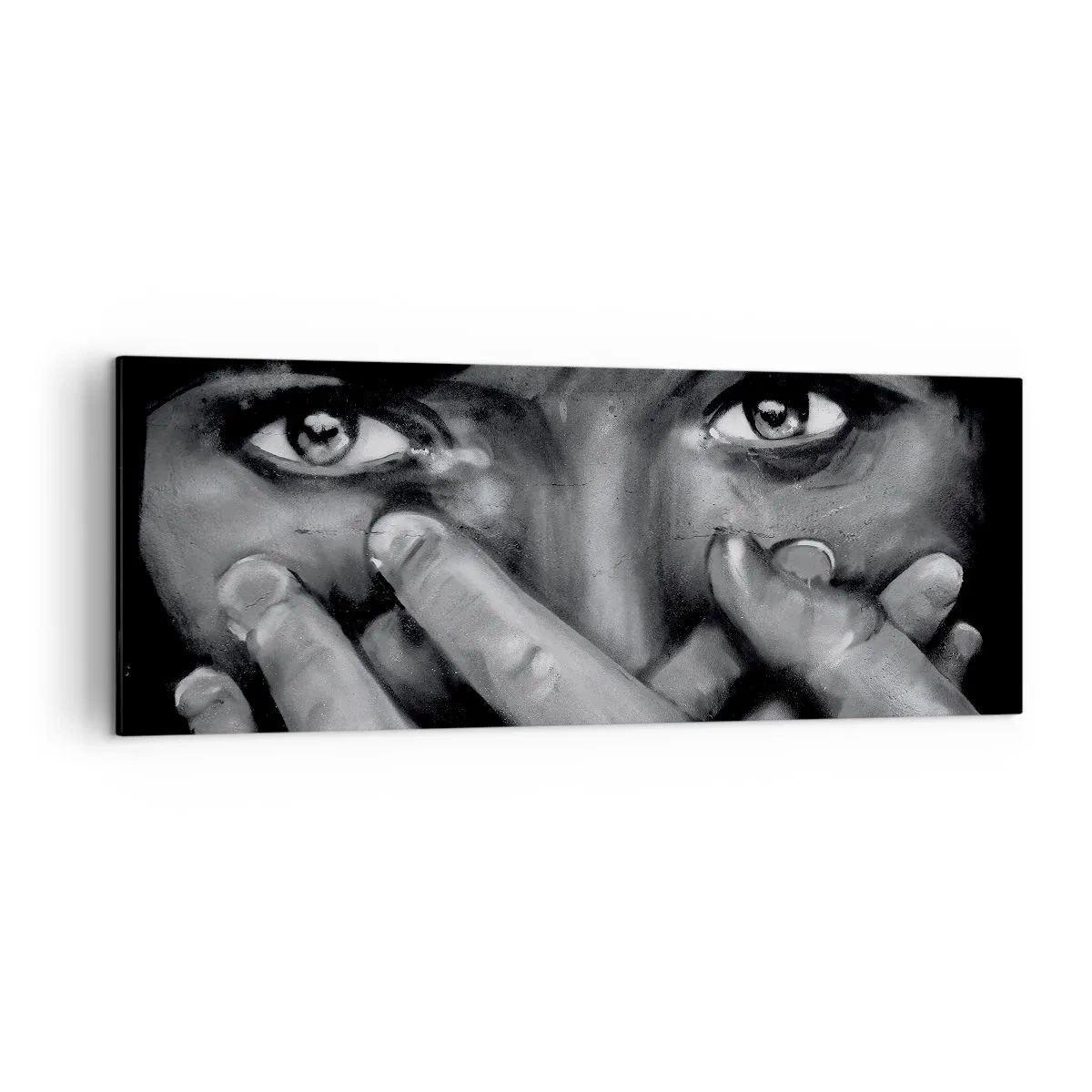 Cuadro sobre lienzo - Impresión de Imagen - Retrato en blanco y negro de una mujer cubriéndose la cara con las manos. - 140x50cm - No diré quién lo pintó - Decoración de pared moderna para salón y dormitorio ARTTOR