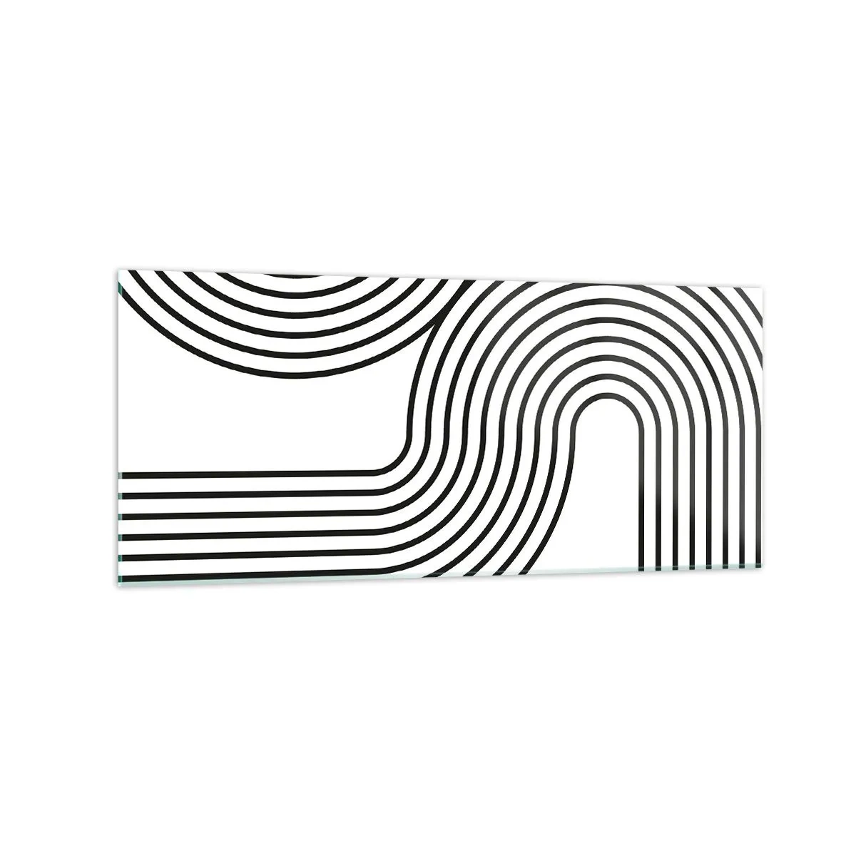 Cuadro sobre vidrio - Impresiones sobre Vidrio - Una pintura abstracta con líneas negras que crean patrones geométricos sobre un fondo blanco. - 120x50cm - En una curva - Decoración de pared moderna para salón y dormitorio ARTTOR
