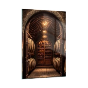 Cuadro sobre vidrio - Impresiones sobre Vidrio - Un viñedo con barricas y una bodega iluminada llena de botellas. - 50x70cm - Sótano atmosférico - Decoración de pared moderna para salón y dormitorio ARTTOR