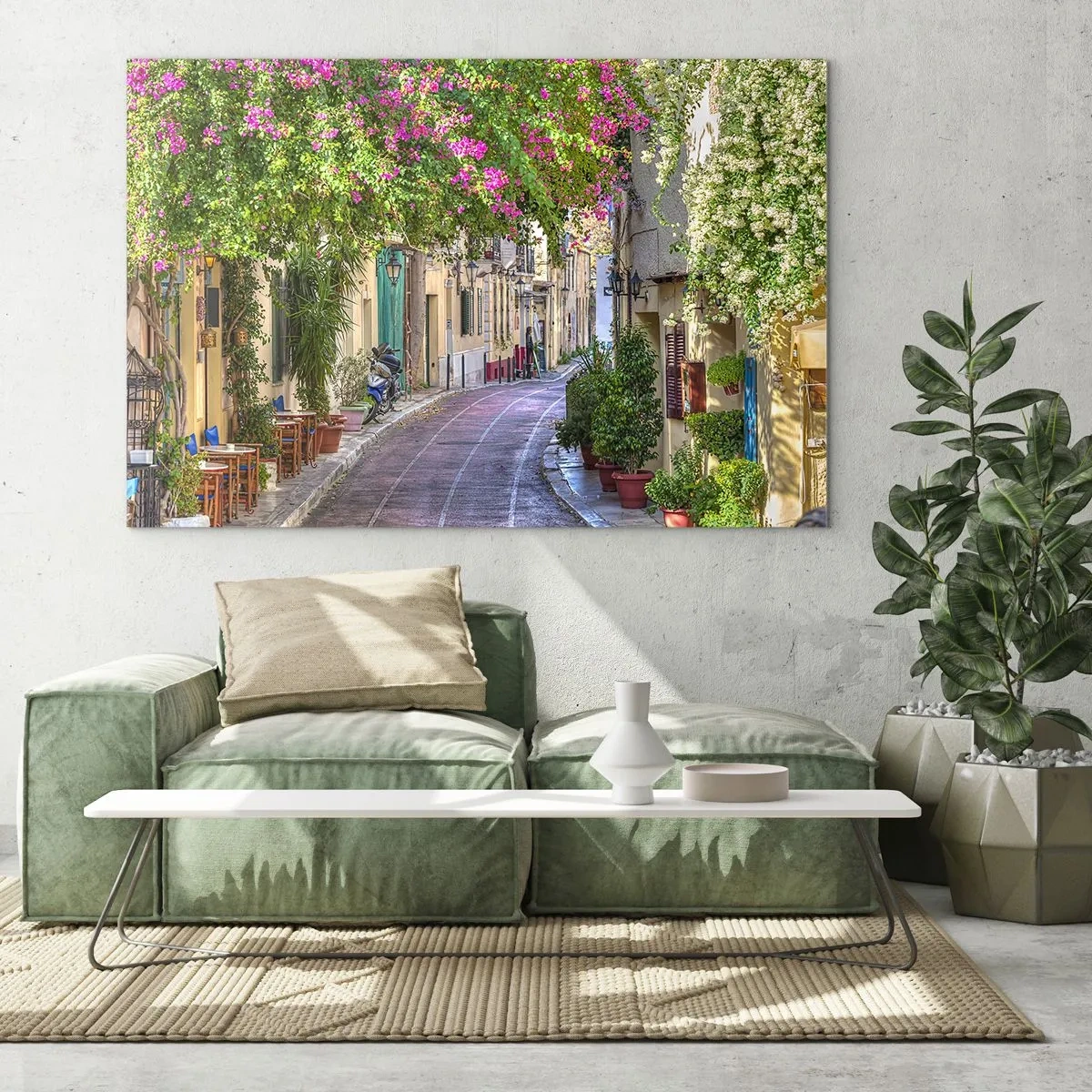 Cuadro sobre vidrio - Impresiones sobre Vidrio - Una calle encantadora con árboles en flor. - 70x50cm - Un callejón floreciente - Decoración de pared moderna para salón y dormitorio ARTTOR