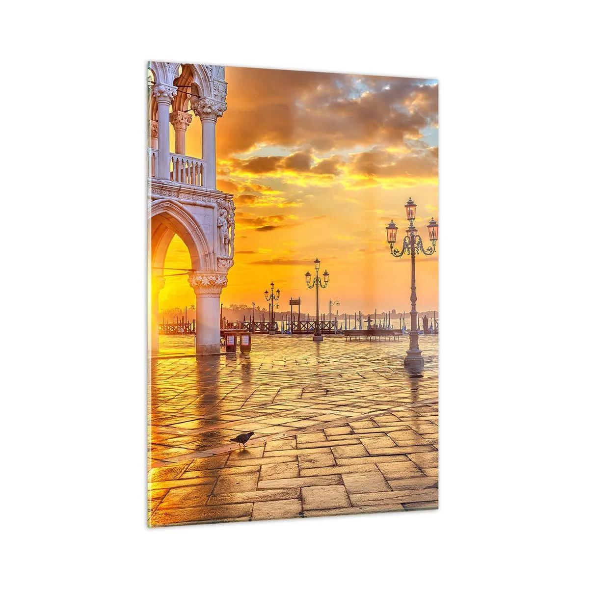 Cuadro sobre vidrio - Impresiones sobre Vidrio - Amanecer sobre las arcadas y la plaza - 50x70cm - ¿Dónde están todos? - Decoración de pared moderna para salón y dormitorio ARTTOR