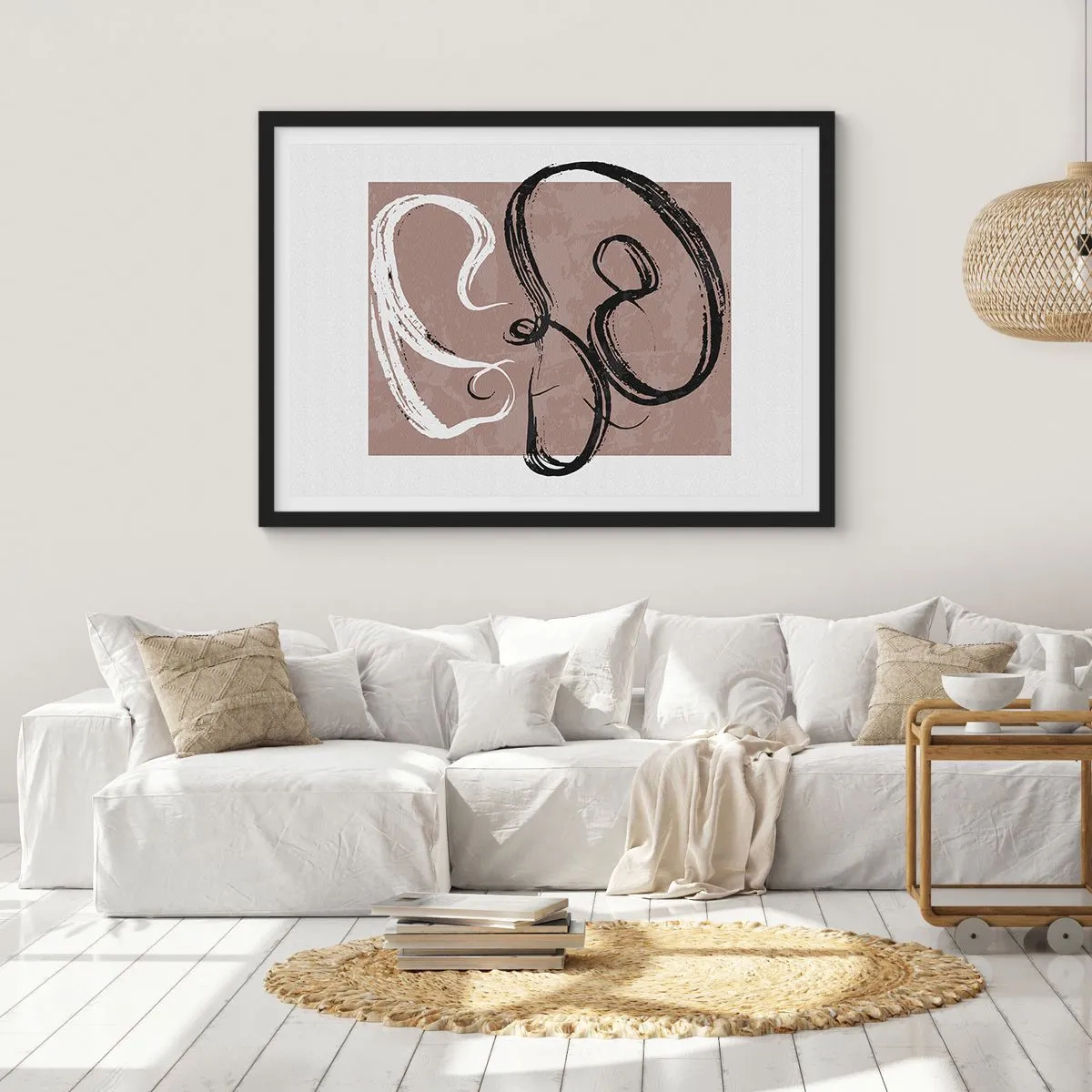 Póster en marco negro - Abstracción en blanco y negro sobre fondo beige. - 70x50cm - Composición: la búsqueda de la plenitud - Decoración de pared moderna para salón y dormitorio ARTTOR