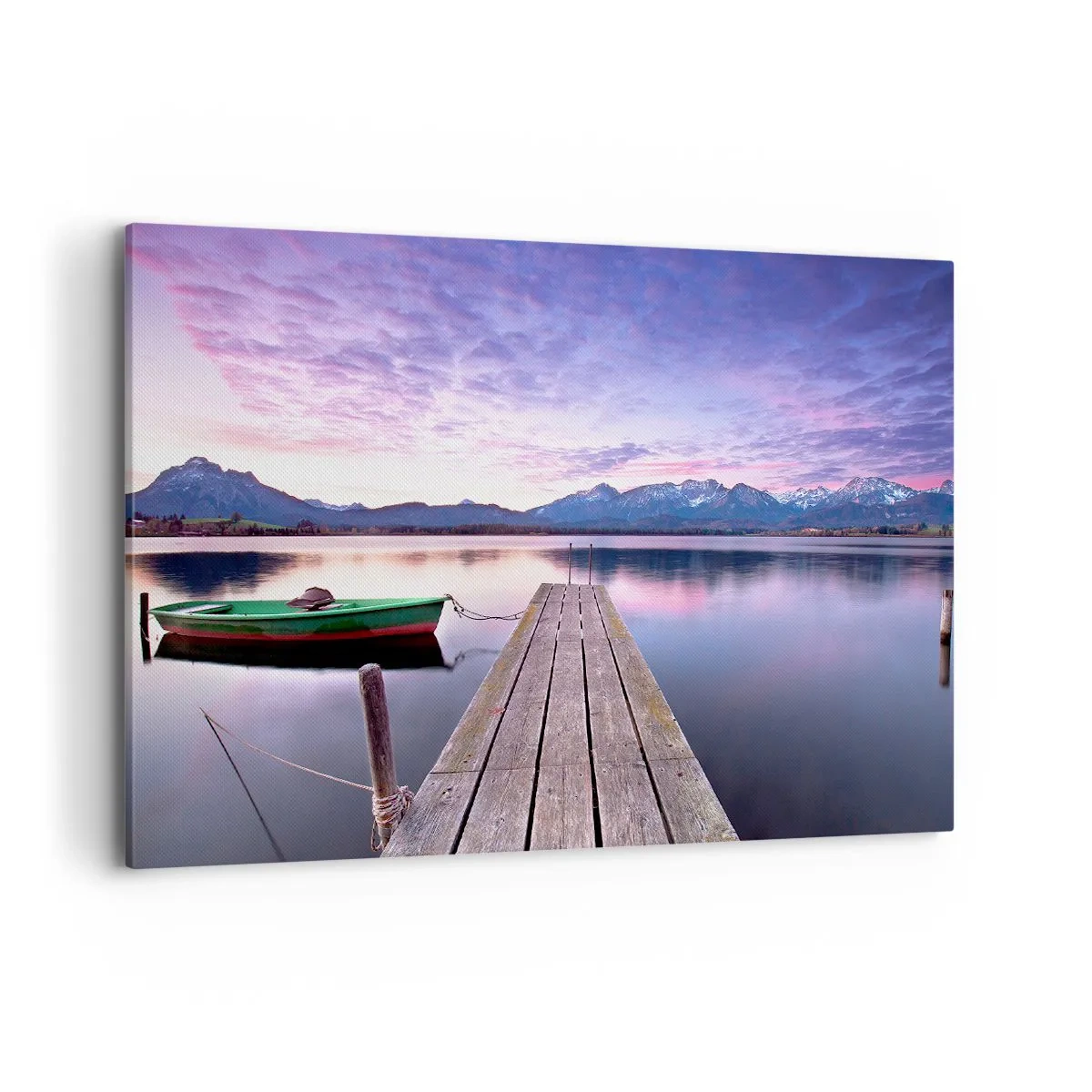 Cuadro sobre lienzo - Impresión de Imagen - Un muelle de madera con un barco en un lago rodeado de montañas al atardecer. - 100x70cm - Un silencio amistoso - Decoración de pared moderna para salón y dormitorio ARTTOR