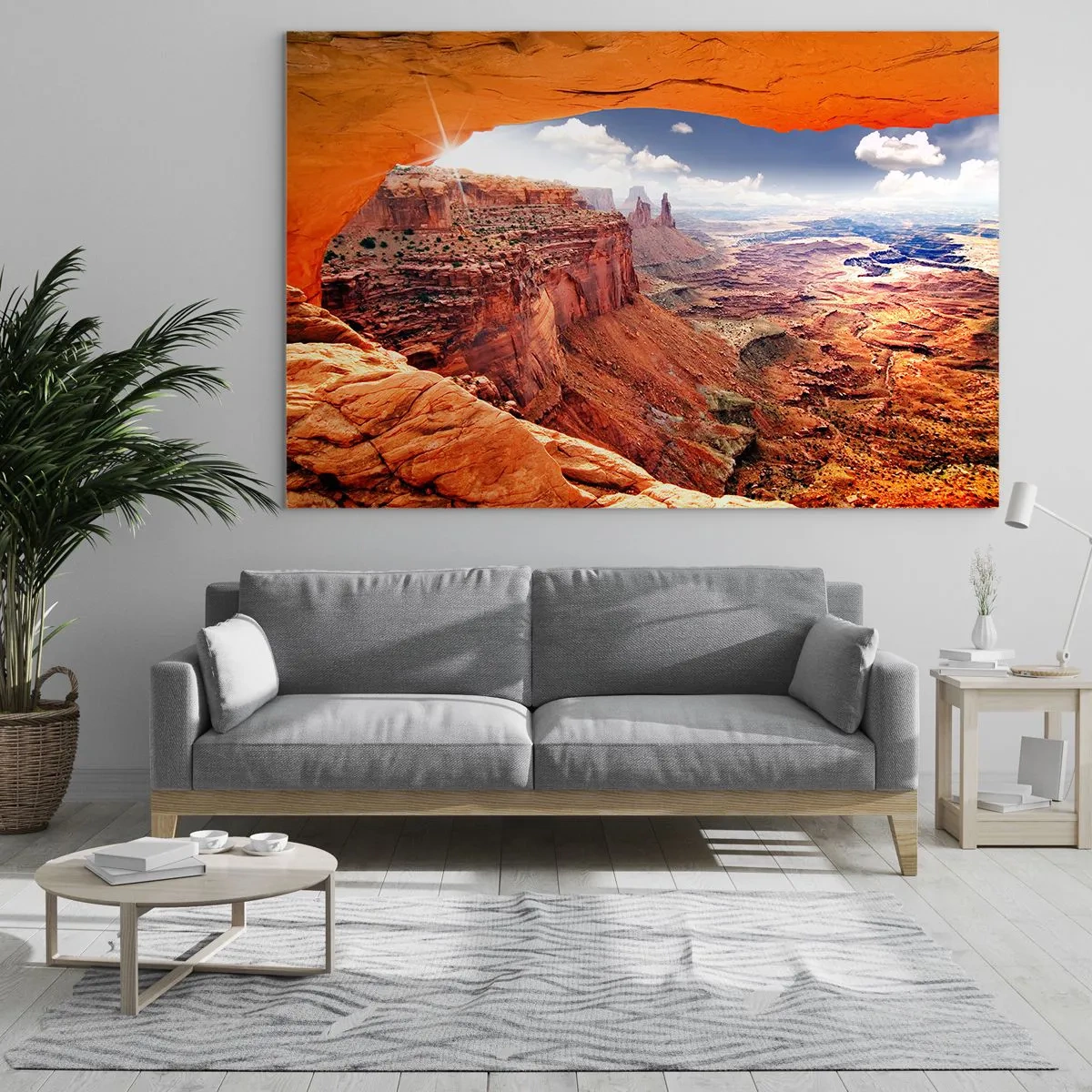Cuadro sobre vidrio - Impresiones sobre Vidrio - Vista del cañón a través de un arco de roca con rayos de sol. - 100x70cm - Tallado por la propia naturaleza - Decoración de pared moderna para salón y dormitorio ARTTOR