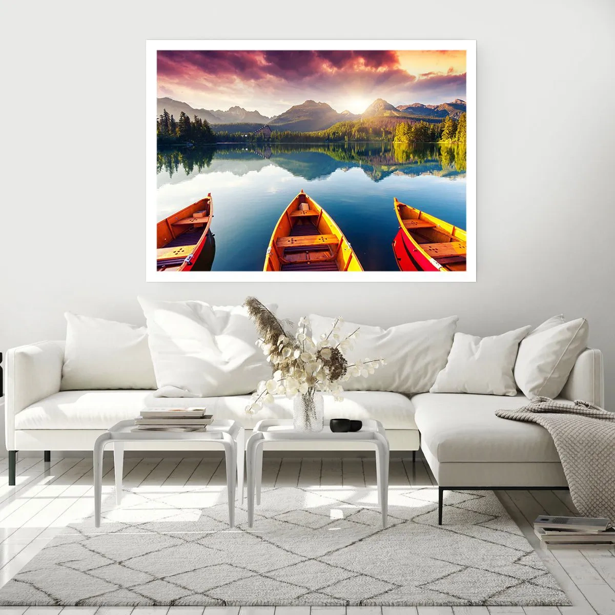 Póster - Tres barcos de madera con el telón de fondo de un lago de montaña al atardecer - 100x70cm - Frente a la naturaleza - Decoración de pared moderna para salón y dormitorio ARTTOR