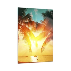 Cuadro sobre vidrio - Impresiones sobre Vidrio - Palmeras iluminadas por el sol sobre una playa tropical - 50x70cm - Pareja exótica - Decoración de pared moderna para salón y dormitorio ARTTOR