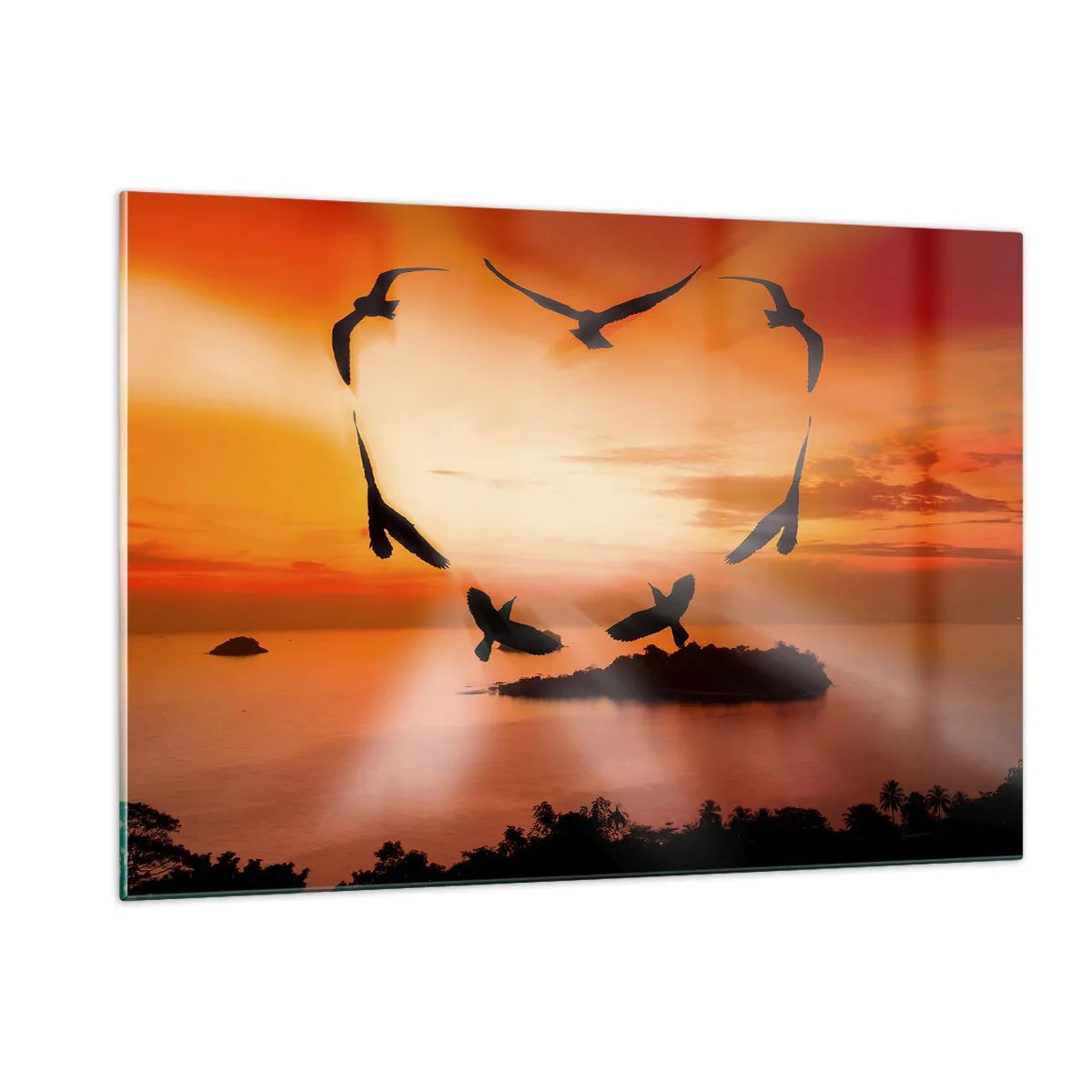Cuadro sobre vidrio - Impresiones sobre Vidrio - Pájaros formando un corazón con el telón de fondo de una puesta de sol. - 120x80cm - Ama el mundo como los pájaros - Decoración de pared moderna para salón y dormitorio ARTTOR