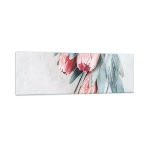 Cuadro sobre vidrio - Impresiones sobre Vidrio - Sutiles flores de protea rosa sobre un fondo claro. - 160x50cm - Avergonzada de su propia belleza - Decoración de pared moderna para salón y dormitorio ARTTOR