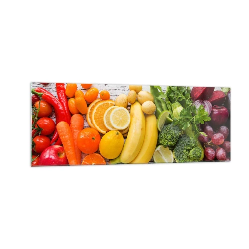 Cuadro sobre vidrio - Impresiones sobre Vidrio - Frutas y verduras coloridas sobre un fondo de madera - 140x50cm - ¿No es suficiente? - Decoración de pared moderna para salón y dormitorio ARTTOR